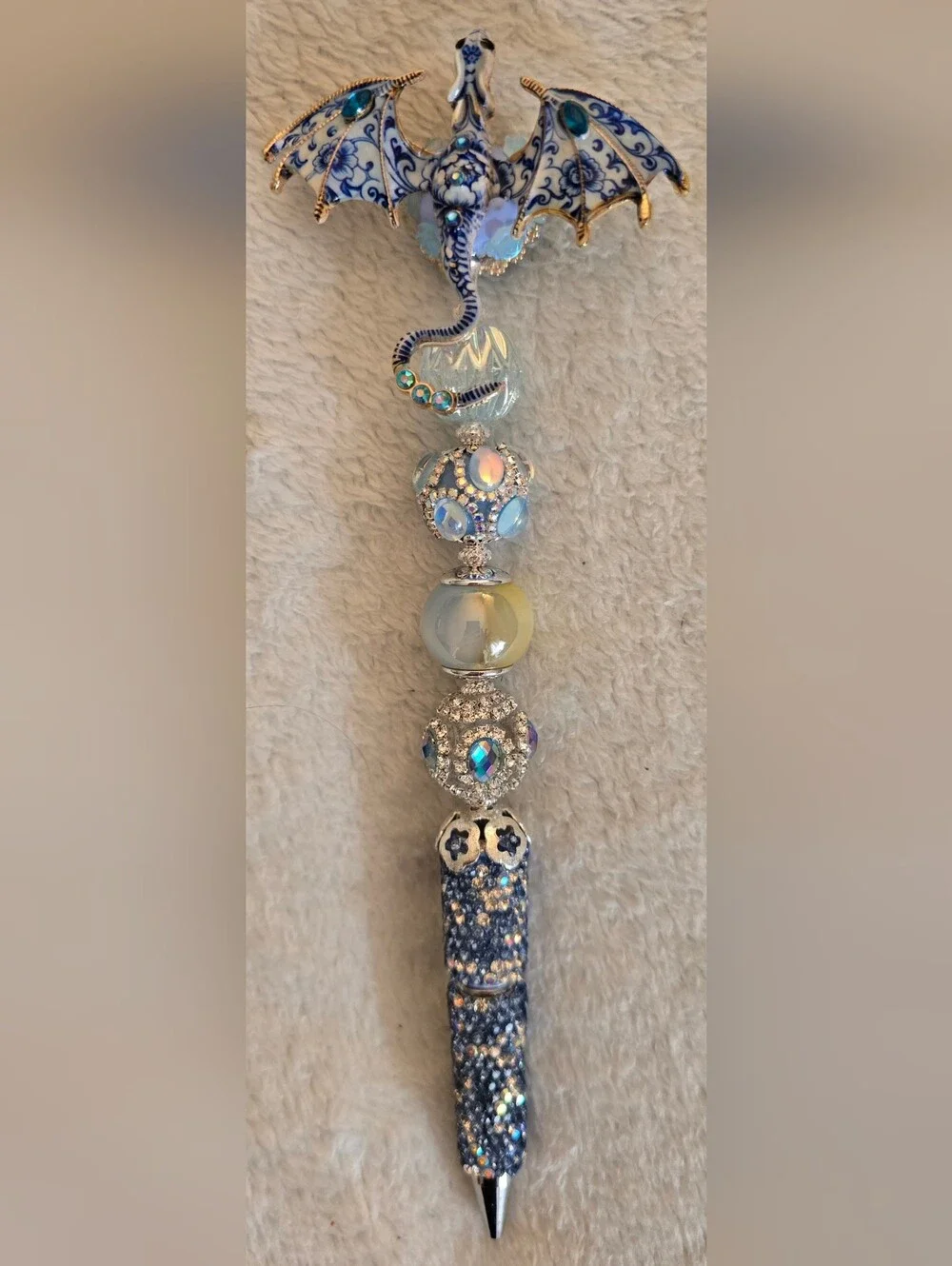 Blue Iridescent Rhinestone Beaded Pen - Dragon
